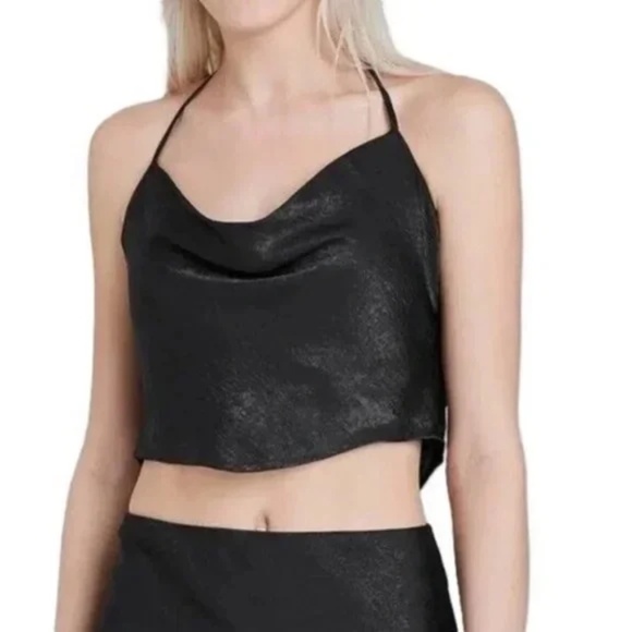 Wild Fable | Black Satin Cowl Neck Halter Crop Top – Size M - Picture 2 of 11
